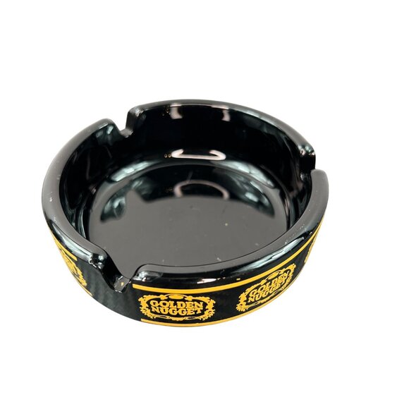 VTG Golden Nugget Black Glass Ashtray With Yellow Logo Casino Gambling MCM - Picture 3 of 8